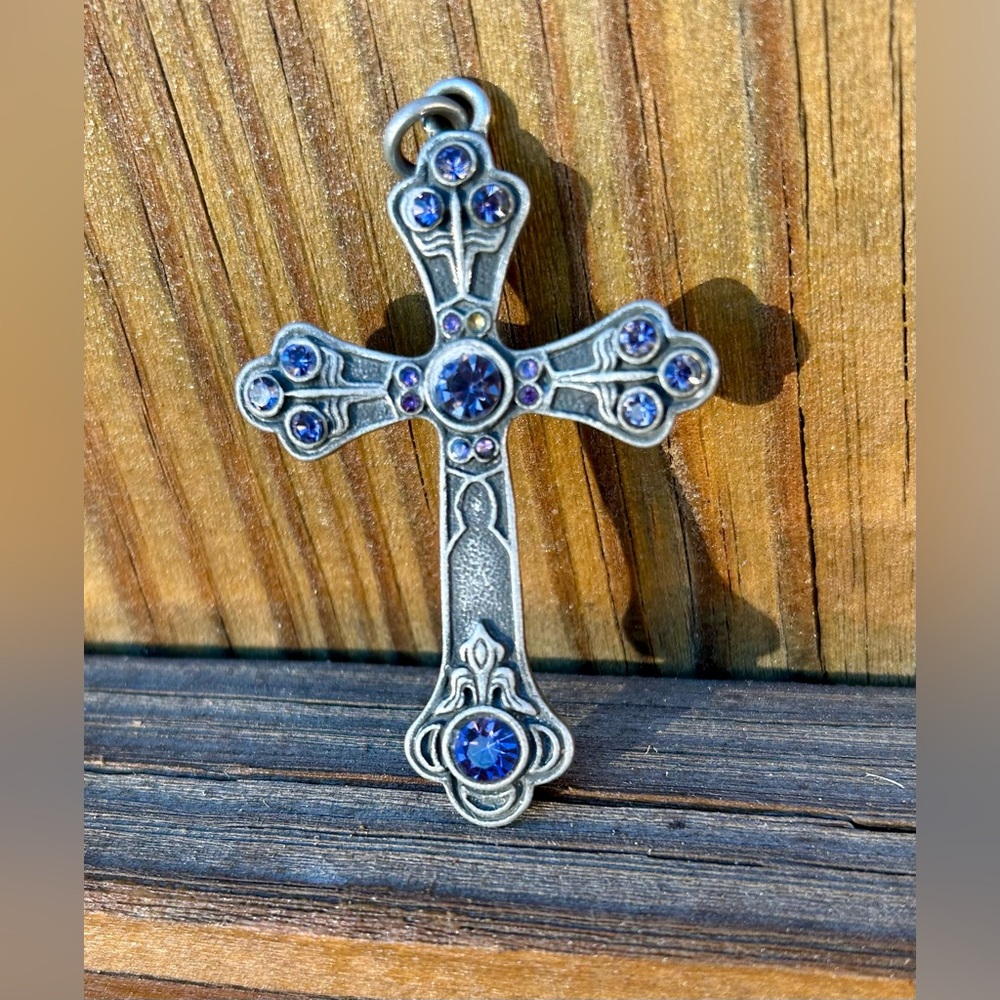 Vintage Metal Cross Pendant 2 3/4 " Large Purple Stones